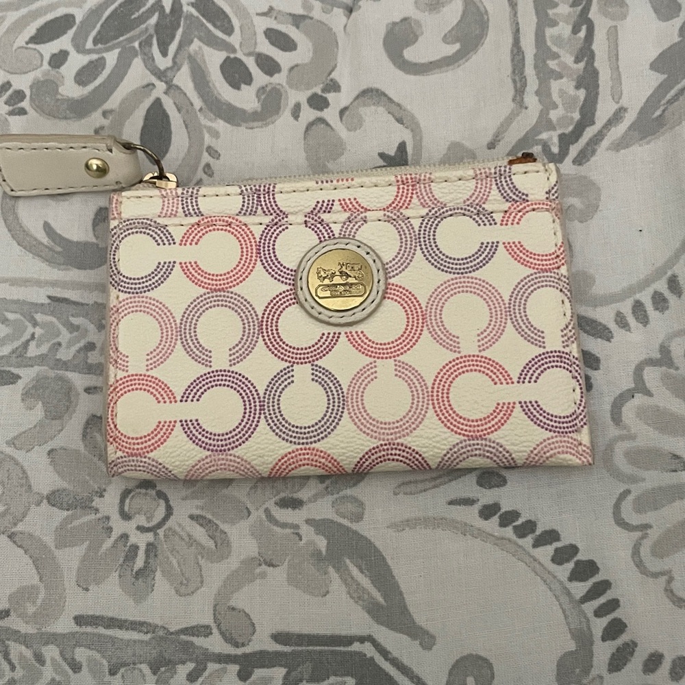 Coach Signature Waverly Coin Purse Change Wallet Zip White Purple Red Pink